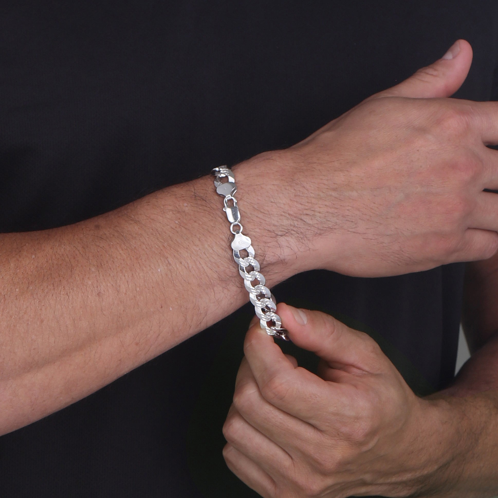 10mm-Flat-Cuban-Link-Diamond-Cut-Bracelet-Rhodium-c 10mm Flat Cuban Link Diamond Cut Bracelet Rhodium c