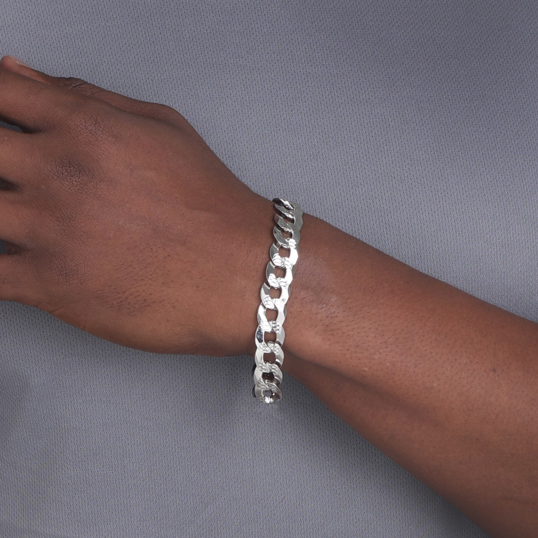 13mm Flat Cuban Link Diamond Cut Bracelet Rhodium b1