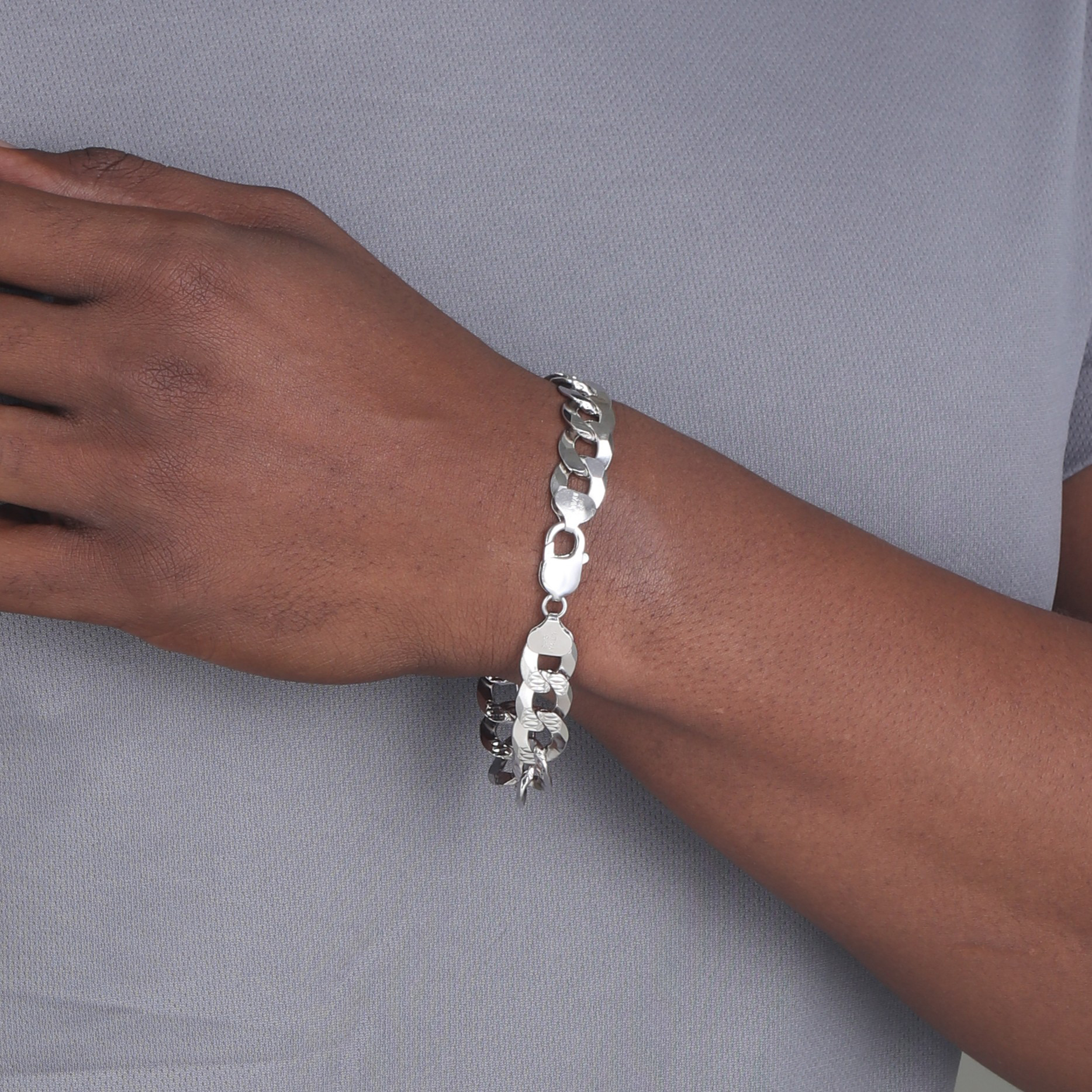 13mm Flat Cuban Link Diamond Cut Bracelet Rhodium c1